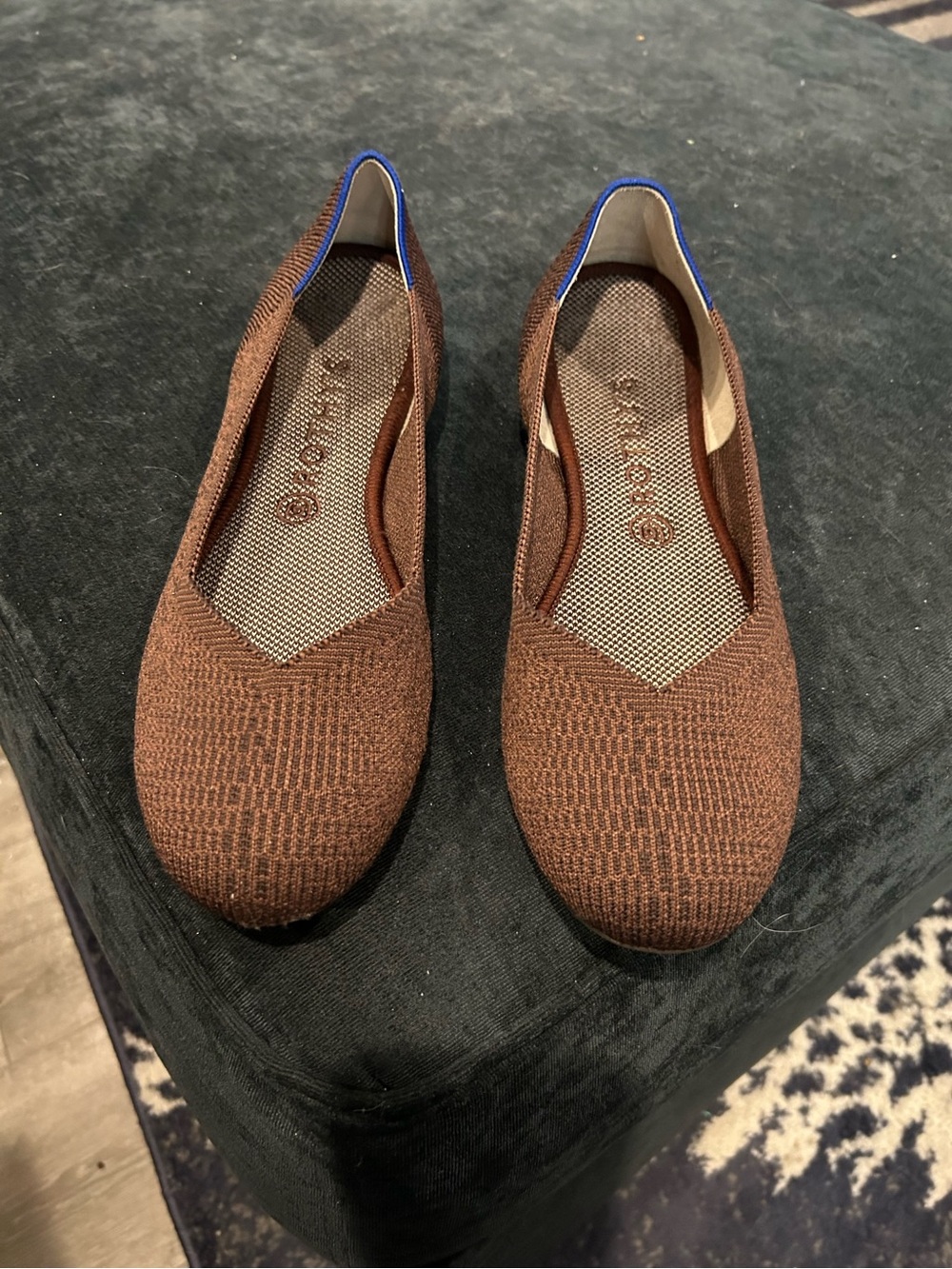 Rothy's Women’s Brown Knit Slip-On Flats with Blue Trim